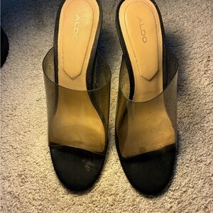 ALDO Black and Tan Mules with Transparent Strap